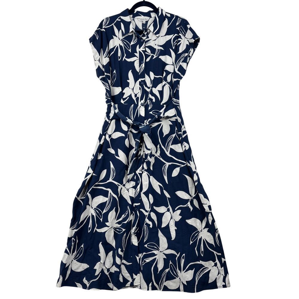 Ophelia Roe Maxi Shirt Dress XL Blue White Floral Cap Sleeve Button Up Waist Tie